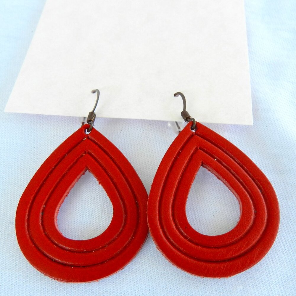 NEW Hand Crafted Red Leather Teardrop Shape Earrings, 2"